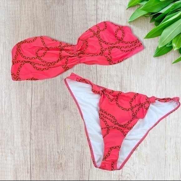 Boohoo Chain Print Bandeau Bikini Set in Hot Pink 18 - Picture 5 of 6